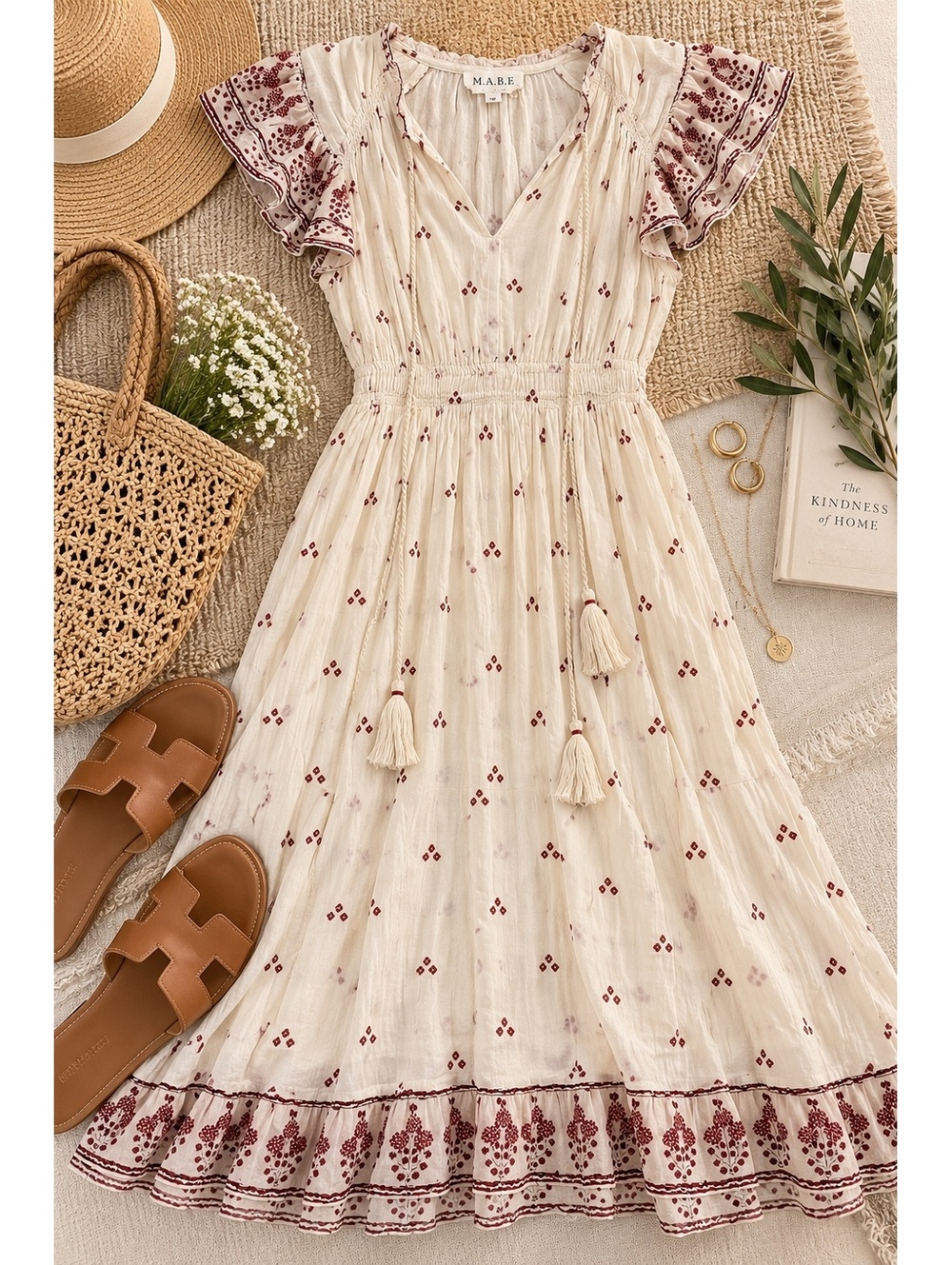 M.A.B.E. Cream Red Print Midi Dress Medium Flutter Sleeve Tassel Boho